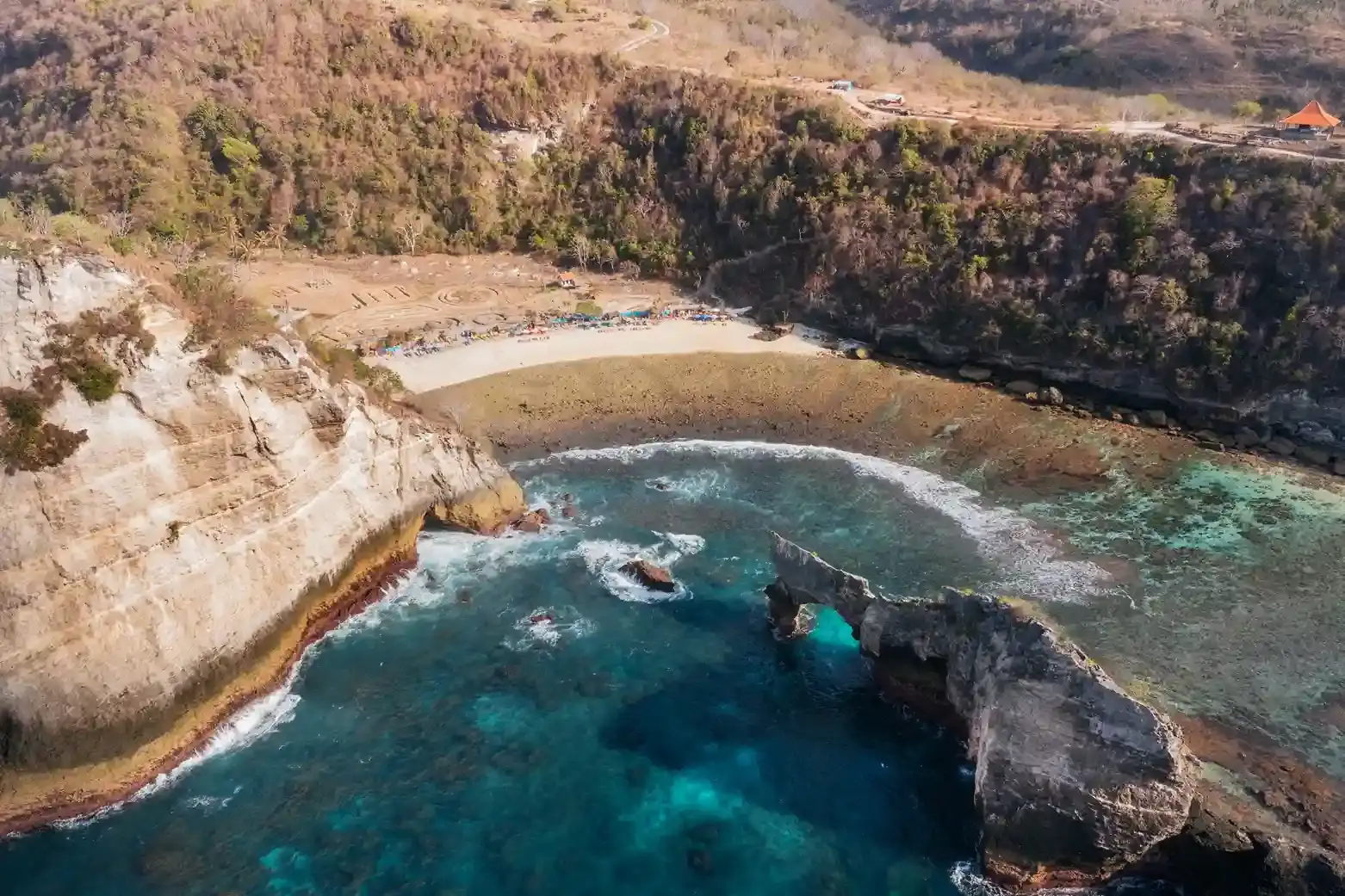 Aerial view of Broken Beach rock arch, Nusa Penida